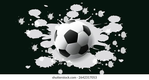 Ball on soccer field top view, football pitch view from above, poster with space for text, vector