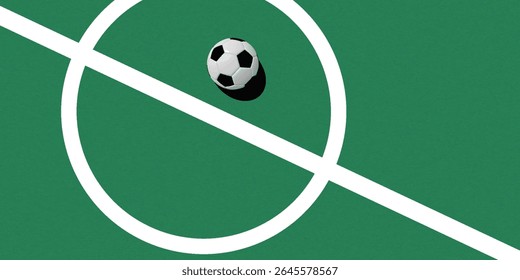 Ball on soccer field top view, football pitch view from above, poster with space for text, vector