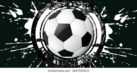 Ball on soccer field top view, football pitch view from above, poster with space for text, vector