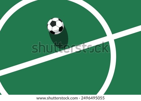 Ball on soccer field top view, football pitch view from above, poster with space for text, vector