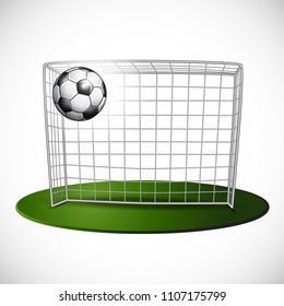 Ball on soccer goalpost with net background. Vector illustration.