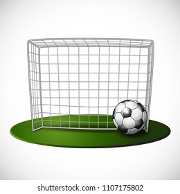 Ball on soccer goalpost with net background. Vector illustration.