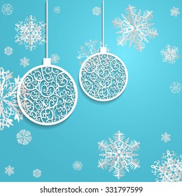Ball openwork paper on blue background with  snowflake