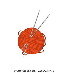 Ball of orange yarn with spokes vector illustration. Cartoon drawing of materials for knitting or production of handmade clothes isolated on white background. Knitwork, hobby, handicraft concept