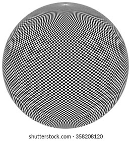 Ball, orb with checkered surface on white. Abstract surrealistic, surreal graphic element. Vector