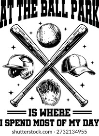 En el Ball Park Cita de béisbol con murciélagos y guante Ilustración