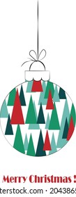 Pelota con un patrón de árboles de Navidad. Tarjeta para las vacaciones. Ilustración vectorial en un fondo blanco con texto. Tarjeta de felicitaciones, invitaciones, volantes y folletos, portadas.