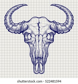 Ball pen buffalo skull sketch vector on notebook page