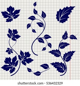 Ball pen drawing branches and leaves on notebook background. Vector illustration