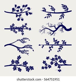 Ball pen drawing tree branches with leaves silhouette isolated on grey. Vector illustration