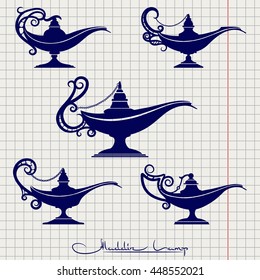Ball pen imitation drawing Aladdin lamp vector set notebook page