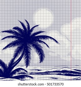 Ball pen palm tree and ocean front sketch on notebook page. Vector illustration