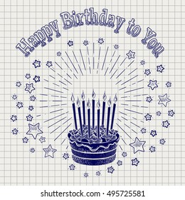 Ball pen sketch birthday cake with candles stars and greetings lettering on notebook background. Vector illustration