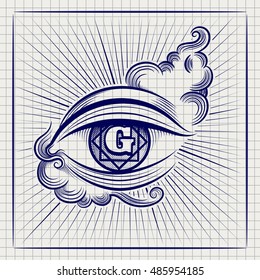 Ball pen sketch of Egypt God eye or spiritual eye on notebook page. Vector illustration