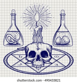 Ball pen sketch with skull candle and occult elements. Vector illustration