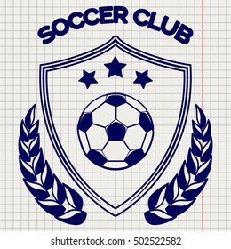 Ball pen sketch of soccer clum emblem vector illustration. Football logo on notebook background