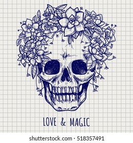 Ball pen skull in flower wreath and lettering lowe and magic on notebook page vector