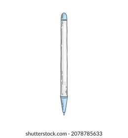 Ball pen, stationery element in colored sketch style, vector illustration isolated on white background. Hand drawn school or office equipment.
