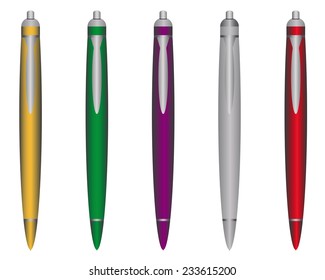 Ball pens of different colors on a white background 