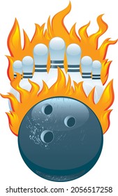 Ball and pin for bowling and stylized flame