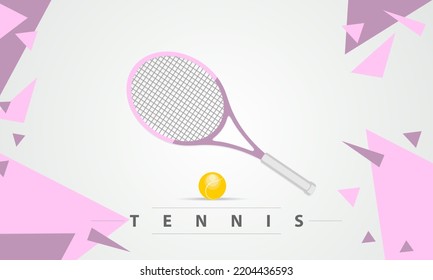 Ball and a pink tennis racket with a gray handle. Abstract background in pink tones.