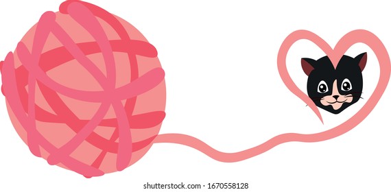 A ball of pink thread and a cat. Favorite pet. Design for pet shop, veterinary clinic and shelter.
