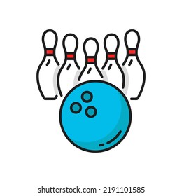 Ball and pins bowling playing equipment isolated color line icon. Vector 5 pins and strike ball, club team game leisure recreation. Hobby entertainment sport activity symbol, bowling playing equipment