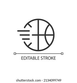 Ball pixel perfect linear icon. Sport game. Playing basketball. Sport activity and competition. Thin line illustration. Contour symbol. Vector outline drawing. Editable stroke. Arial font used