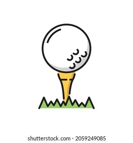 Ball to play golf on putter or tee isolated flat line icon. Vector golfing hobby symbol, golfball on putter. Tee for teeing off in grass, sport equipment. Portugal golf tournament competition sign