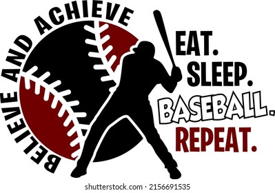 Silhouette de pelota y jugador con la frase Eat Sleep Baseball Repetir. Diseño deportivo. Diseño de temas de béisbol para los amantes del deporte y regalo perfecto para jugadores y fans