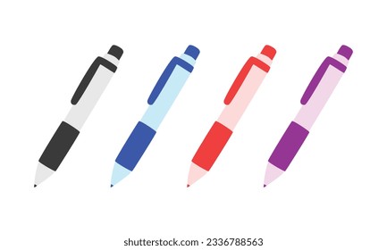 Ball point pen clipart. Simple set of student pens with different colors flat vector illustration cartoon style hand drawn. Students, classroom, school supplies, back to school concept