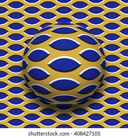 Ball with a pointed ellipses pattern rolling along the pointed ellipses surface. Abstract vector optical illusion illustration. Motley background and tile of seamless wallpaper.