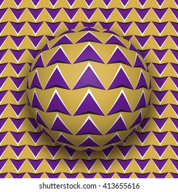 Ball with a purple arrows pattern rolls along purple arrows surface. Abstract vector optical illusion illustration. Motion background and tile of seamless wallpaper.