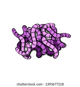A ball of purple worms on a white background. Cartoon style.
