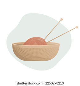 A ball of red coloured thread for knitting with knitting needles inside the basket. Knitting hobby. Cozy winter. Isolated vector illustration for poster, banner, cover, card.