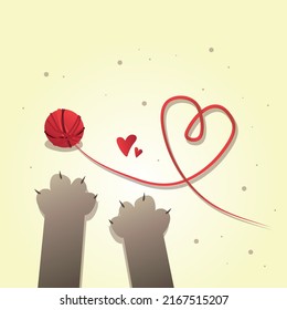 a ball of red threads, the end of which is located in the form of a heart and two cat's paws that reach for the ball