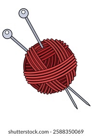 Ball of red wool yarn and steel knitting needles - vector full color picture. Yarn and tool for needlework