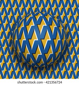 Ball rolls along surface. Abstract vector optical illusion illustration. Golden blue lightning motion background, tile of seamless wallpaper.