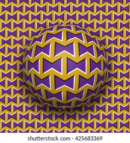 Ball rolls along surface. Abstract vector optical illusion illustration. Purple bows on golden pattern motion background. Tile of seamless wallpaper.