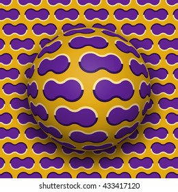 Ball rolls along surface. Abstract vector optical illusion illustration. Purple clouds on golden pattern motion background. Tile of seamless wallpaper.