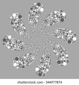 Ball Salute Swirl With Eight Petals vector illustration. Style is dark gray and white bicolor flat circles, silver background.
