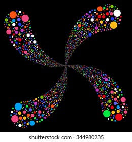 Ball Salute Swirl With Four Petals vector illustration. Style is bright multicolored flat circles, black background.