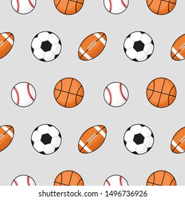 ball seamless pattern football, basketball, soccer on gray background. vector Illustration. 