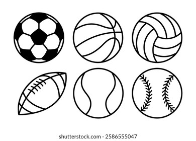 ball set, black sport icons, soccer, football, tennis, basketball, volleyball, rugby, baseball, collection of blank vector design element