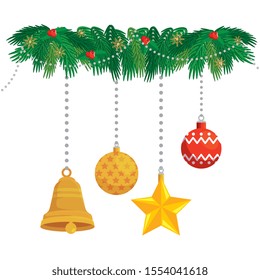 ball with set decorations christmas hanging vector illustration design