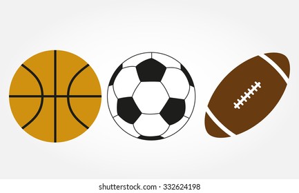 Ball set. Football, soccer, basketball and rugby ball icons isolated on white background. Vector illustration.