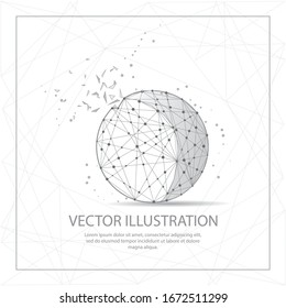 Forma de bola dibujada digitalmente en forma de triángulo de pieza rota y puntos dispersos con un marco de alambre de poste bajo.
