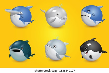 Ball shaped fish character vector set, shark, hammerhead shark, whale, dolphin, whale shark and killer whale, cute ocean animals