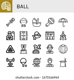 ball simple icons set. Contains such icons as Football helmet, Ball picker, Soccer player, Moses basket, Rattle, Sun umbrella, Golfer, Soccer field, can be used for web, mobile and logo
