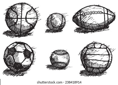 Ball sketch set with shadow on the ground isolated on white background.